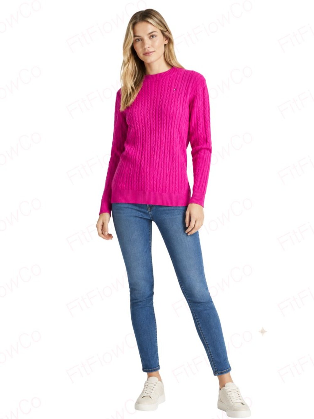 Tommy Hilfiger Pink Cable Knit Sweater Women’s L Cotton Blend Crewneck